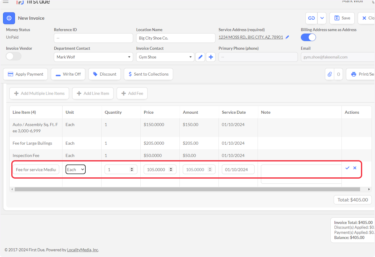 Update from Each to Hourly, Quantity, Price, update Service Date if needed, and Notes, if needed.  Select the Checkmark to add the Line Item or the X to delete.