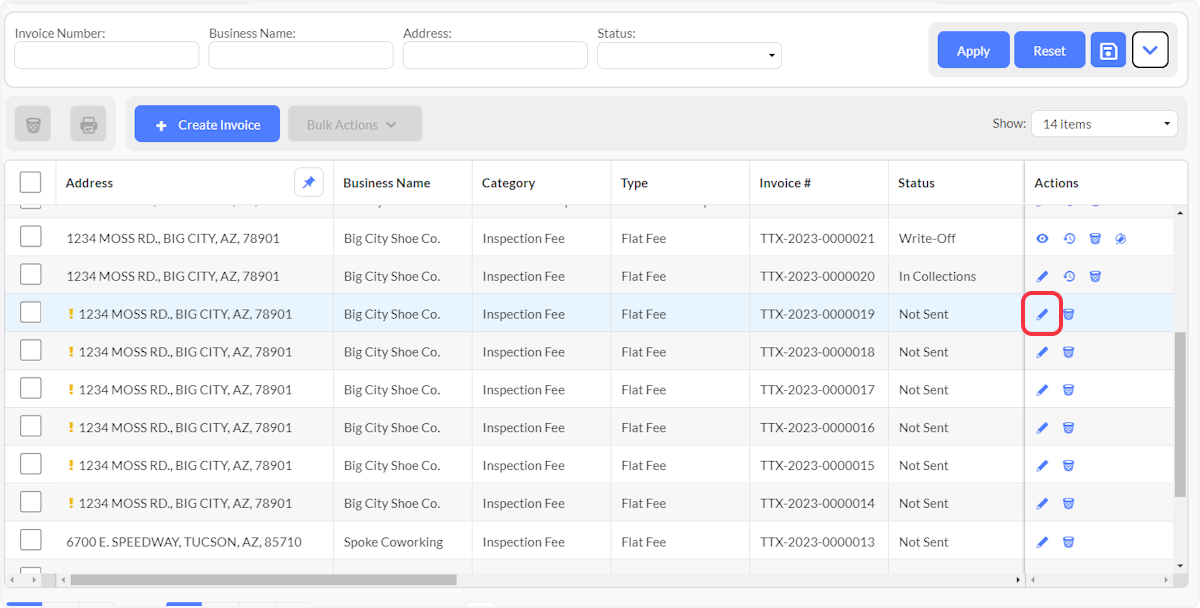 Select Edit to Apply Payment or make adjustments to an Invoice.