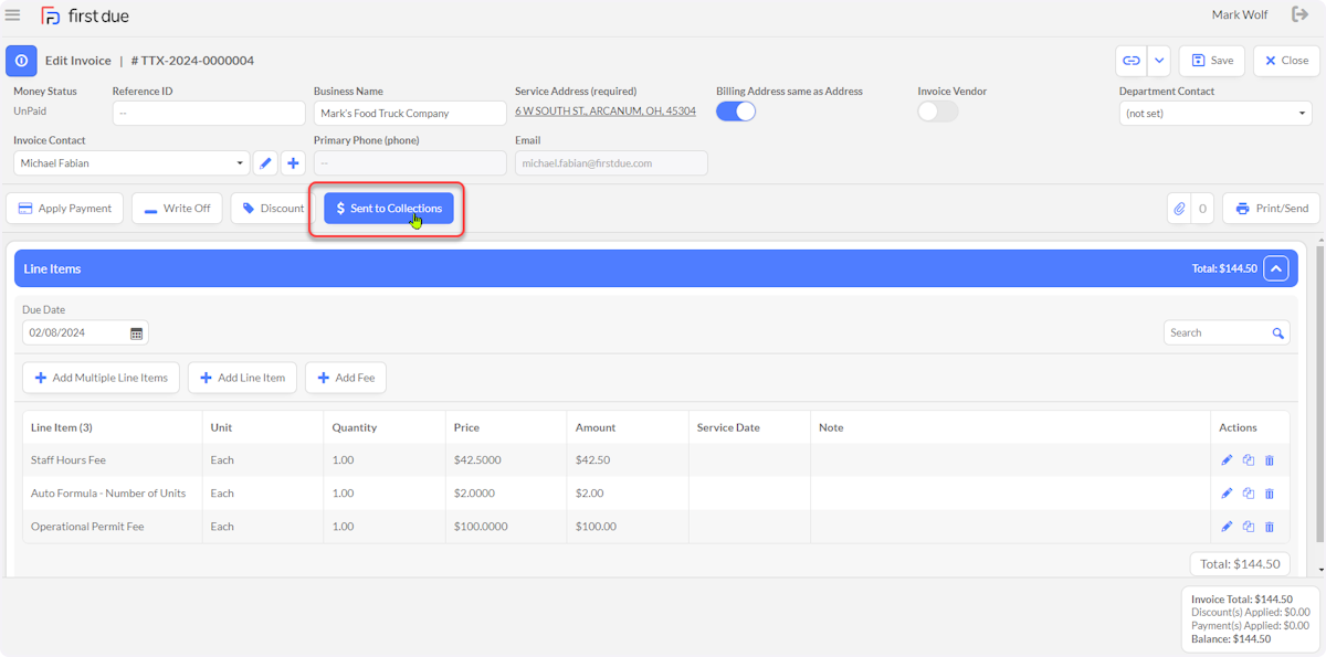 Click on Sent to Collections to mark the Invoice as Sent to Collections.