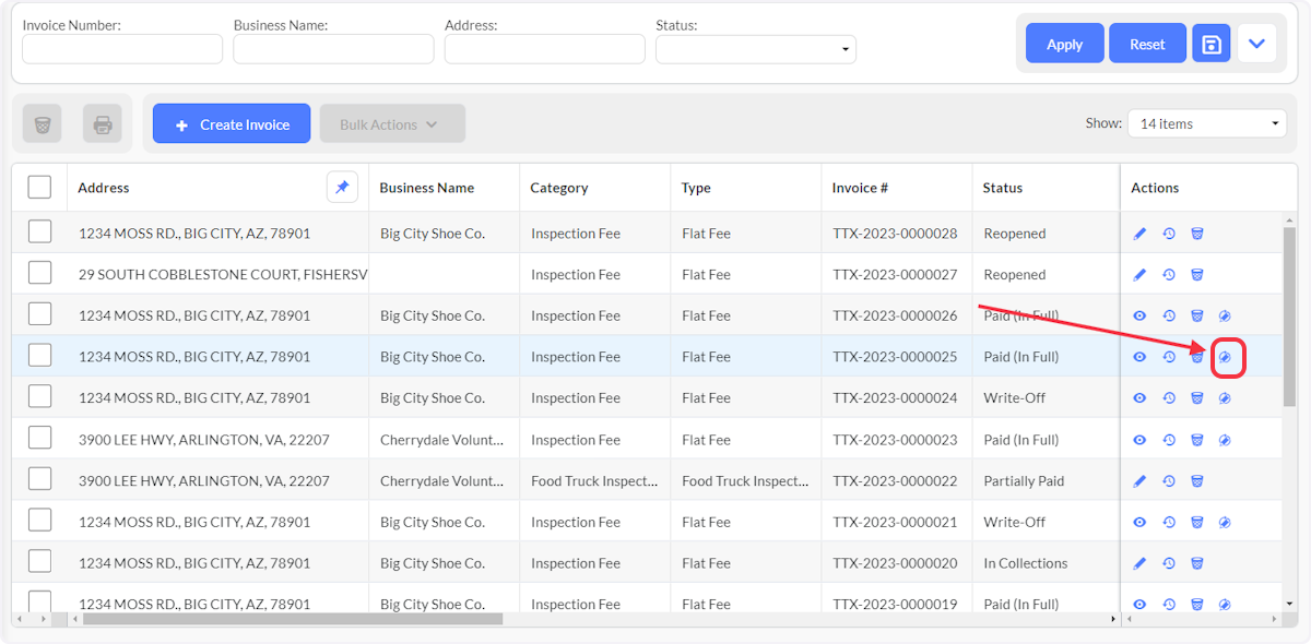 To make a refund, select Reopen from the Actions Column.