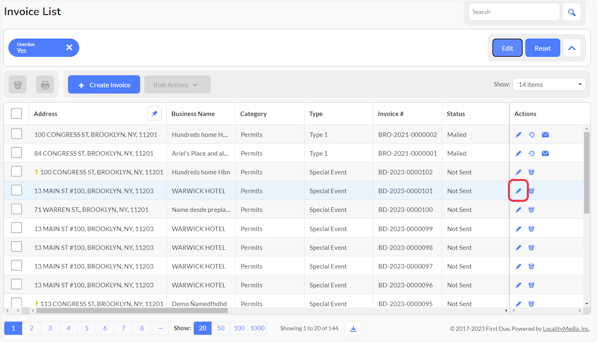 Click on Edit for the Invoice to add a late fee to.