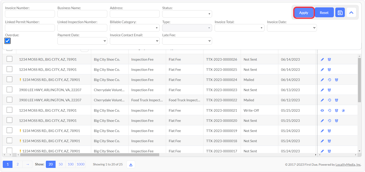 Click on Apply to filter for Overdue Invoices.