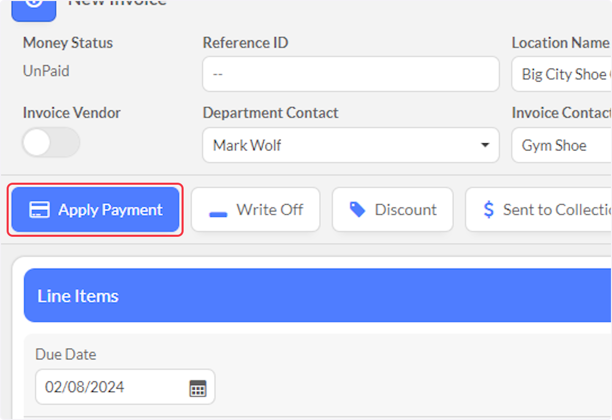 Click on Apply Payment to record a payment, if appropriate.