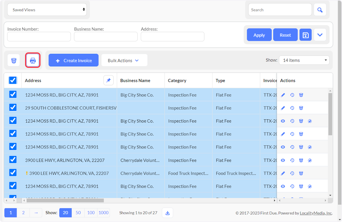 Select to Print Invoices.  A pdf file will be downloaded.
