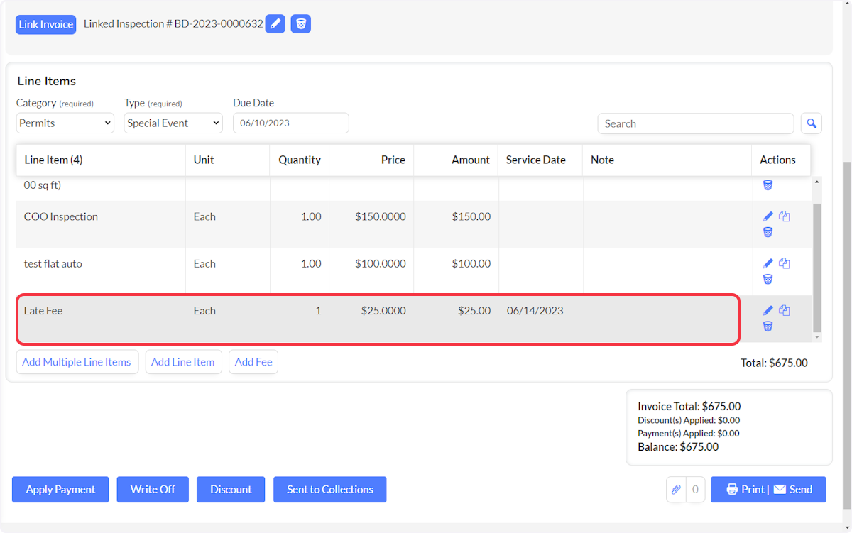 Example of the Flat Fee late fee added to an Invoice.