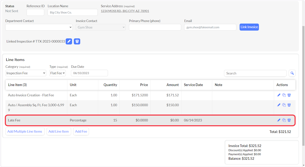 Example of a Late Fee using a Percentage applied to an Invoice.