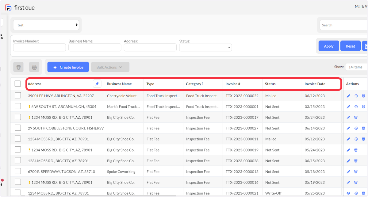 Columns can be sorted ascending or descending by clicking on title, column width changed by dragging column divider, and column position changed by drag and drop.