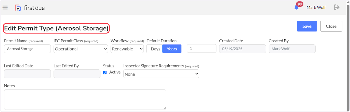 Create or Edit Permit Type.