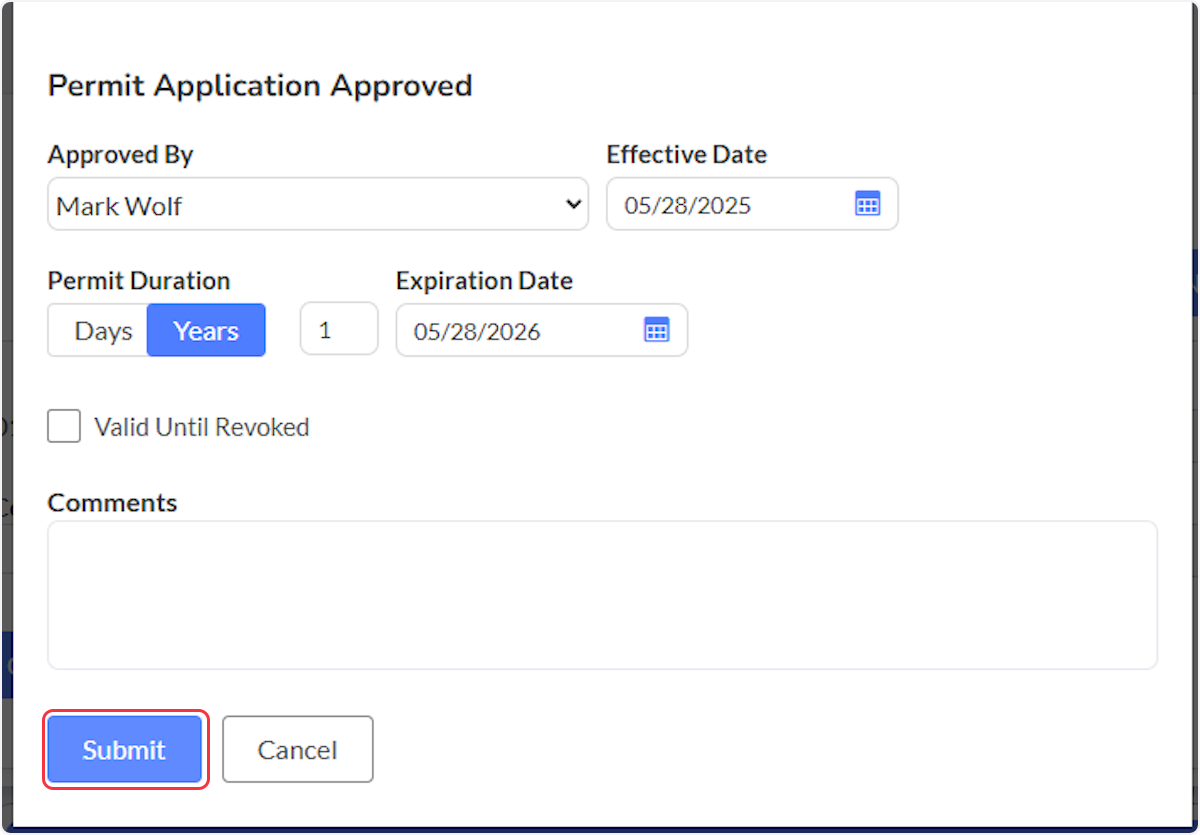 Verify the Permit details and then Click on Submit.