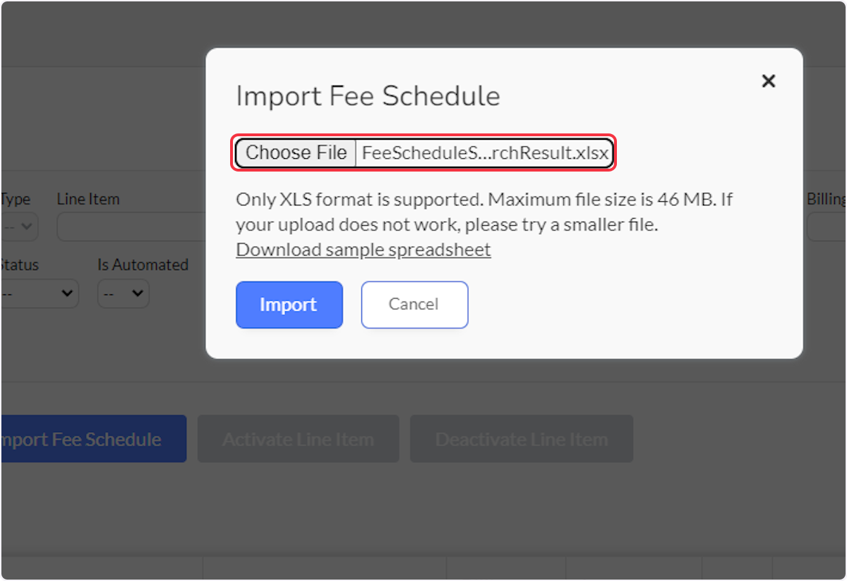 Select Chose File and Select the file to import.