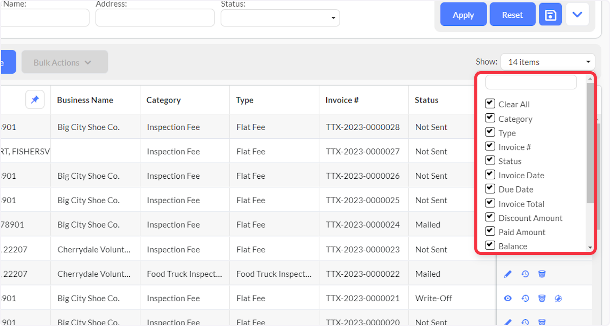 Select or deselect desired columns to view in the grid.