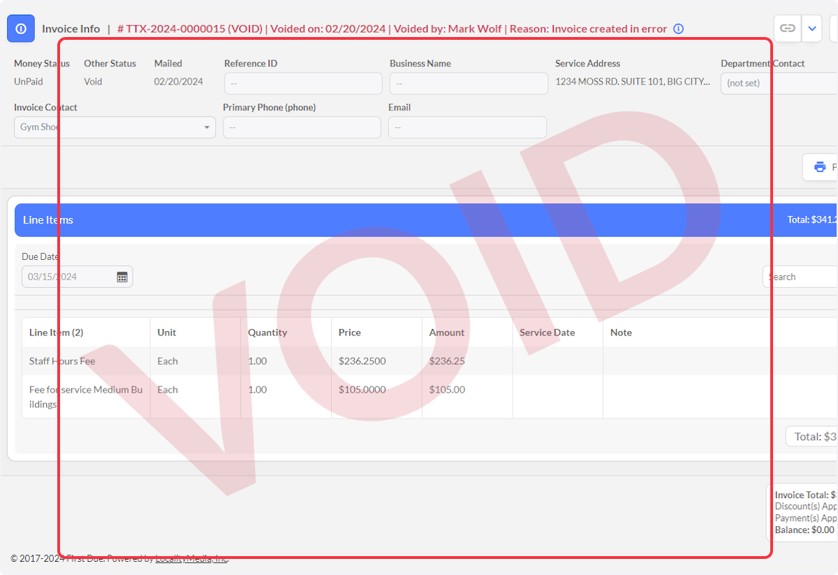 The Invoice will be marked in red text with that date, user that voided the invoice and the reason it was voided.