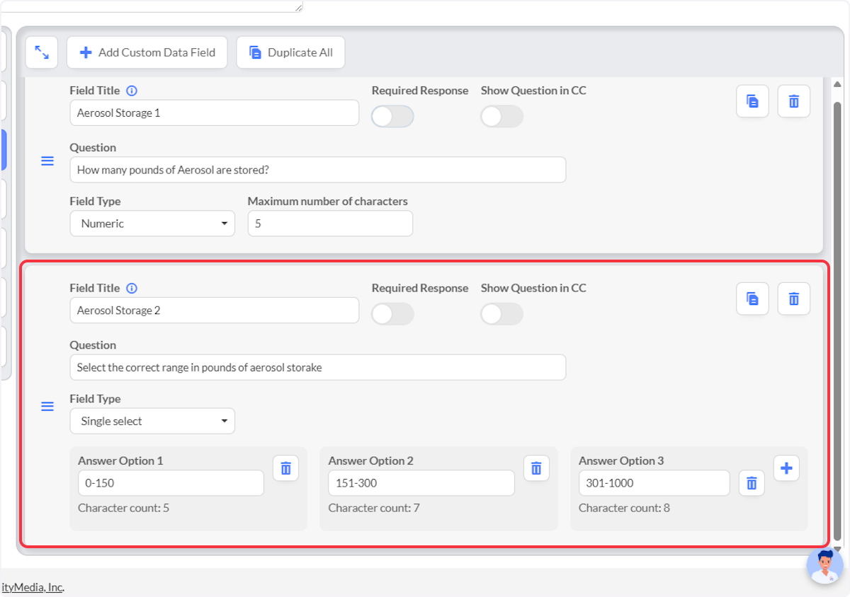 Example 2 is a Single Select Permit Custom Data Field with range values.