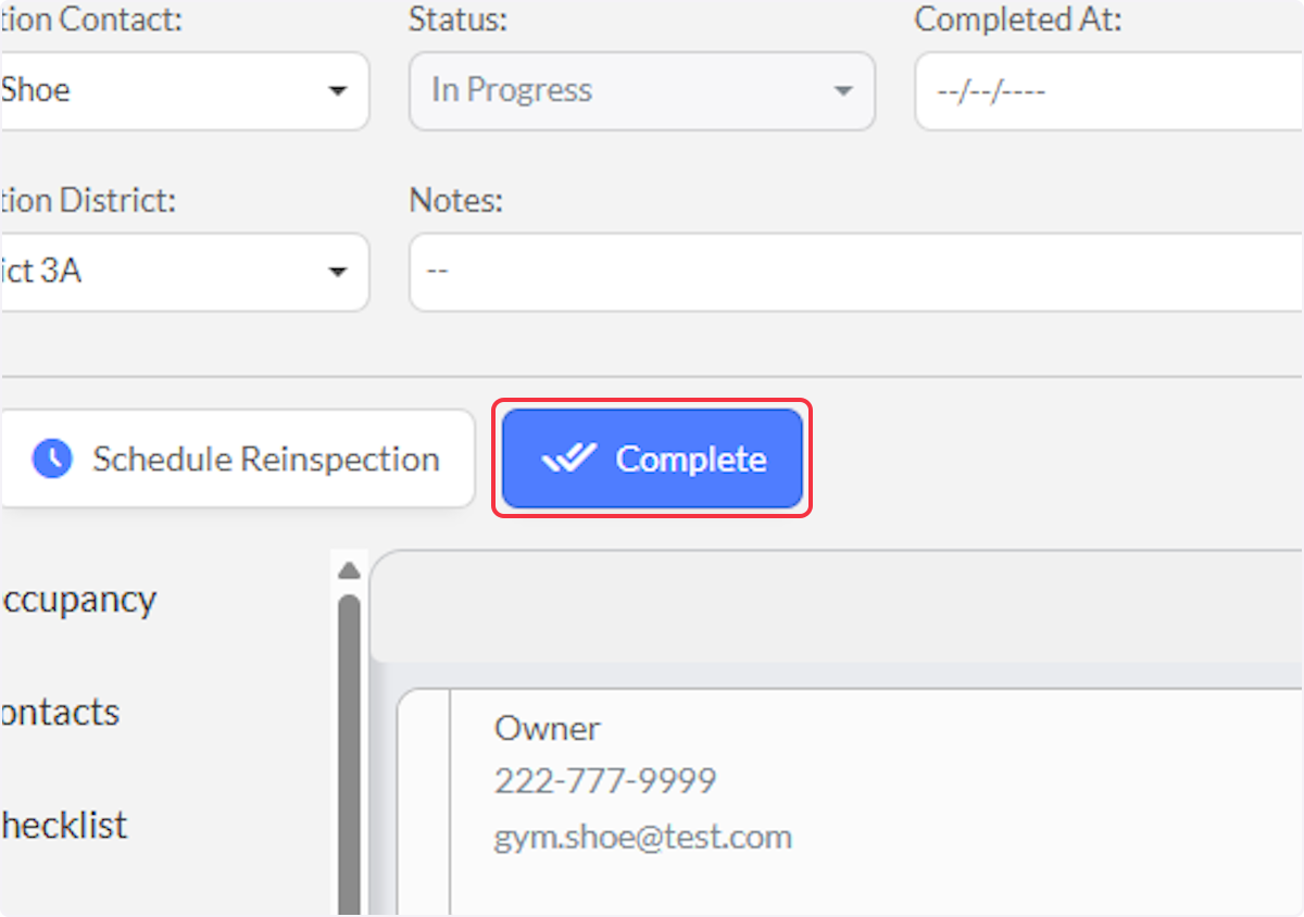 Click on Complete to Complete the INspection.