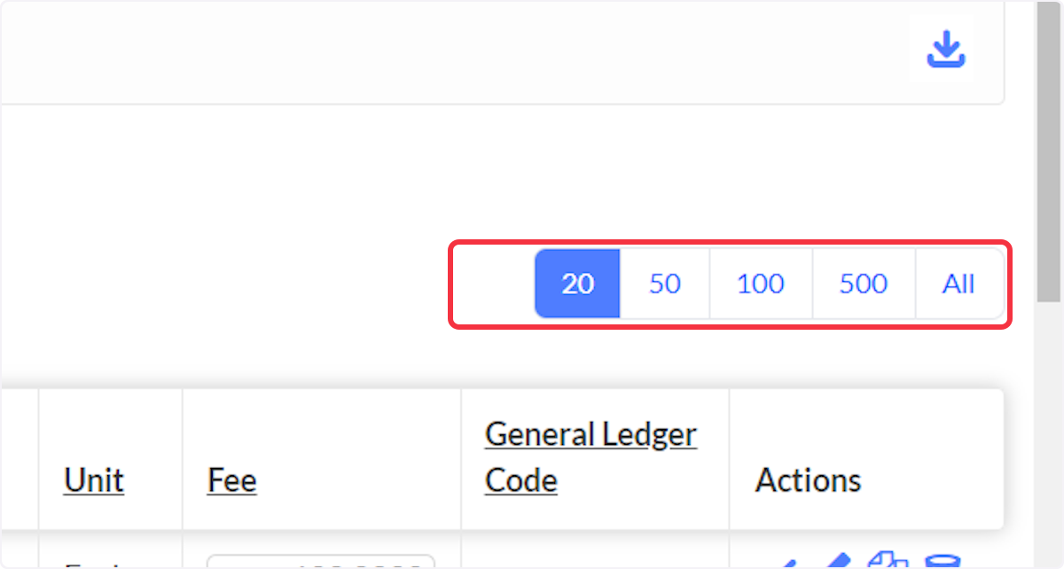 Click to display number of rows to view (20, 50, 100, 500, or all).