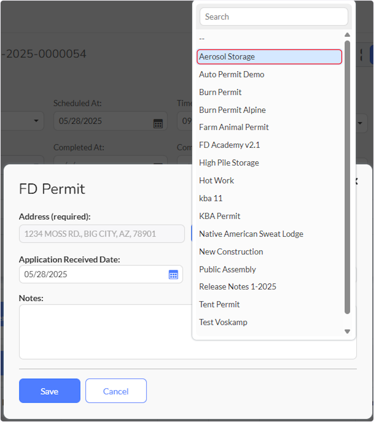 Select the correct Permit Type and enter notes if needed.