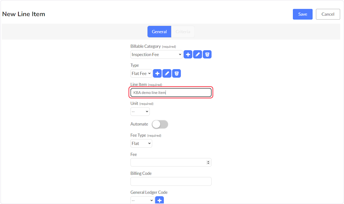 Enter a name for the new Line Item.