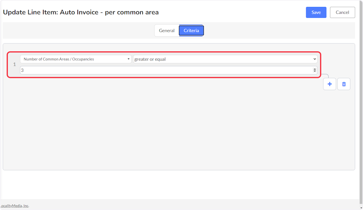 For this demonstration, I have added one criteria, the number of Common Areas has to be greater than or equal to 3 for the Invoice to be automatically created.