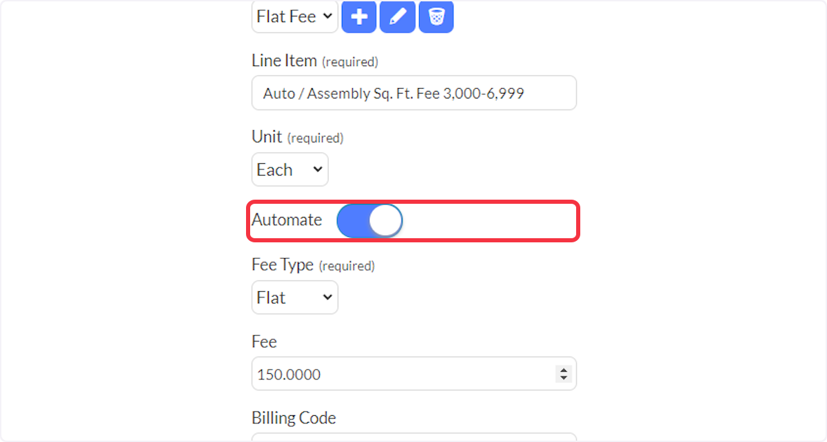 Click on Automate to enable the creation of Automatic Invoices.  For this demonstration, we'll review the use of a flat fee.