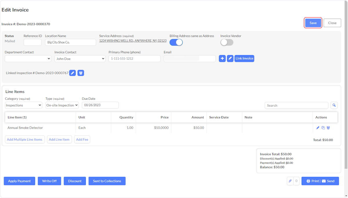 After creating the Invoice, click on Save.