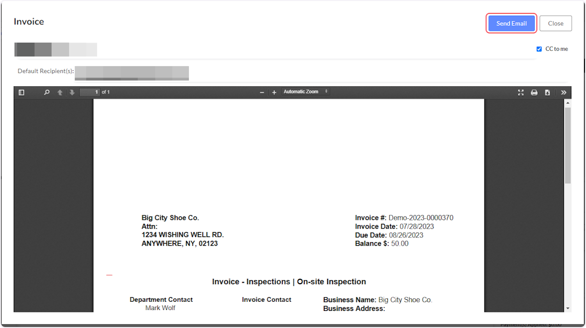 Click on Send Email and then close the Invoice.