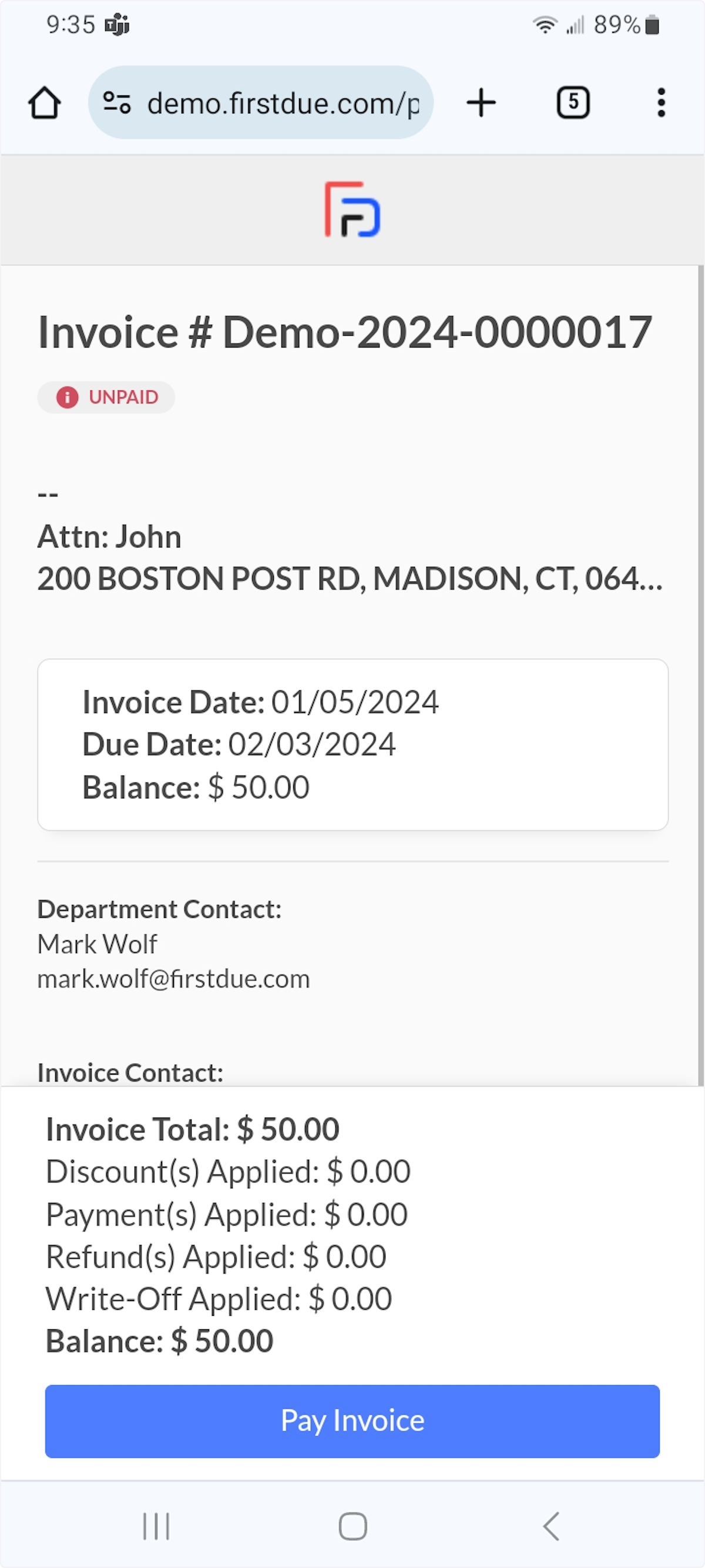After scanning the QR Code, the Invoice Contact can select Pay Invoice to make the payment online (see step 6).