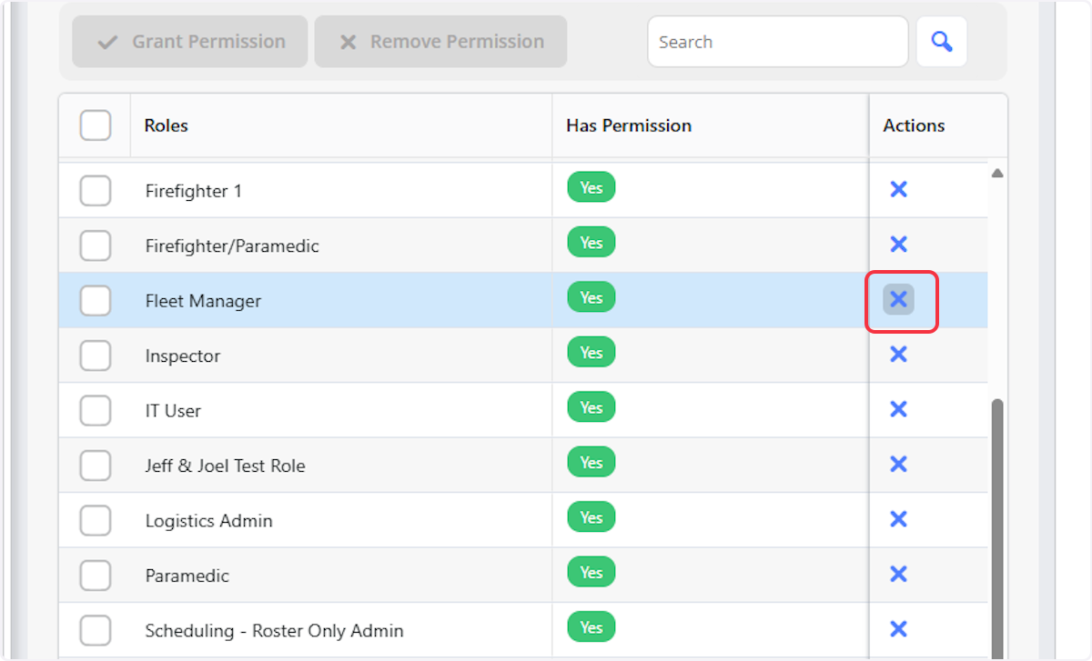 Click the X in the Actions Column to remove a permission.