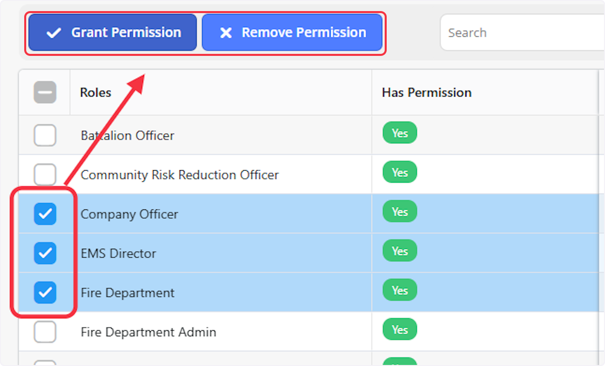 Select the checkbox next to each item and then select Grant Permission or Remove Permission to make bulk changes.