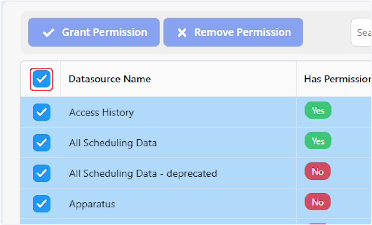 Click on the top box to bulk select all Datasources. You can also multi-select Datasources by checking more than one at a time. 