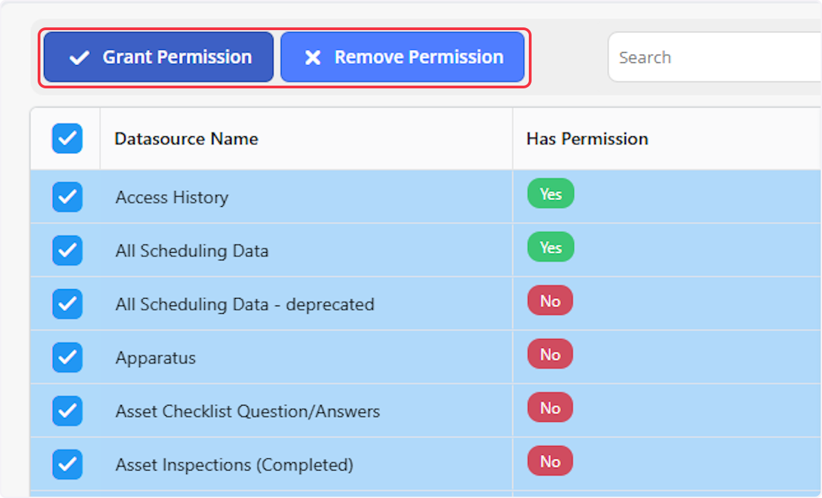 Click on Grant Permission or Remove Permission to change the bulk selection.