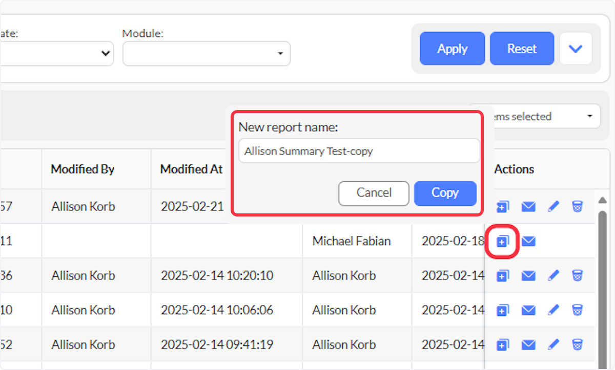 Selecting the Clone icon will open up a new window to name your new report. You will then see your new report listed in the Reports List and can select the pencil icon to edit it.
