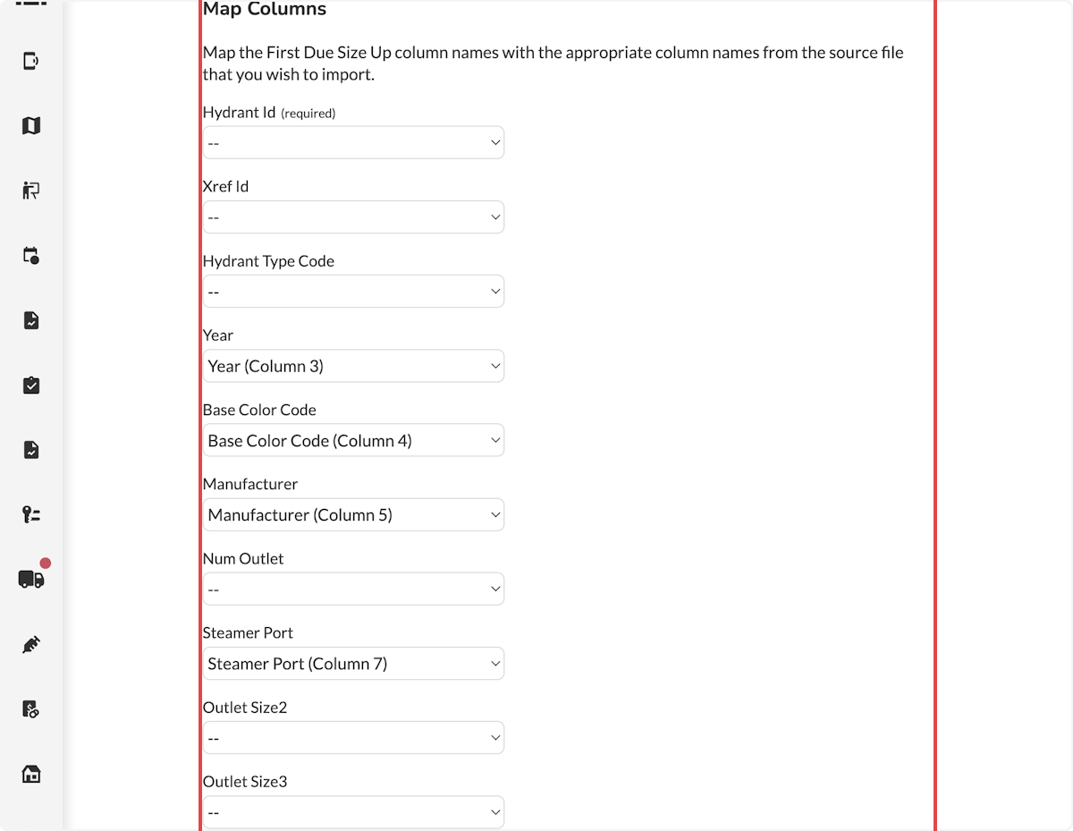 The next page determines how the fields will be mapped to their destination from the .csv file to the First Due platform. 