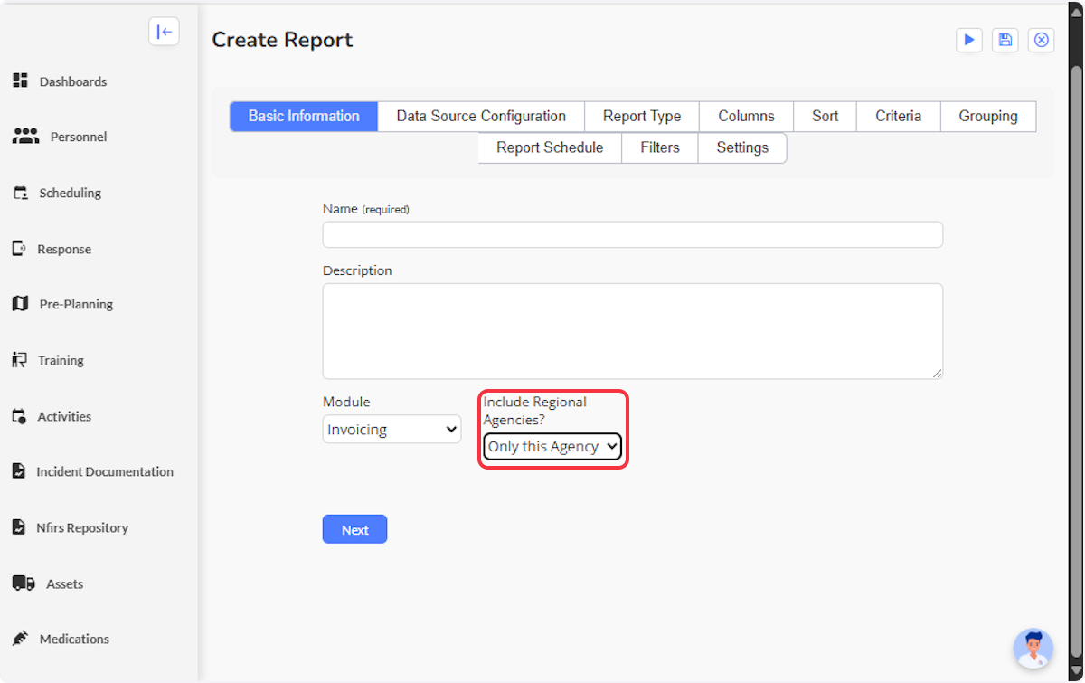 Most agencies will not see the Regional Agencies drop-down option. This is for several agencies that have chosen to share specific data fields. If you have this option you will need to select only your agency, or all agencies you have access to. 