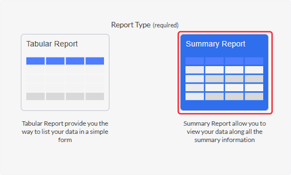 Select Summary Report for a broad look at your data like totals, averages, percentages, and counts. Charts and graphs can be made from Summary Reports.