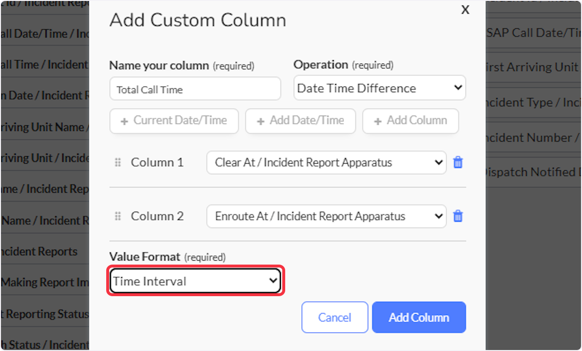 If you choose to use the Date Time Difference Operation, you will need to select a Value Format from the drop-down menu. This is the format that you want your time calculation to be expressed in. 