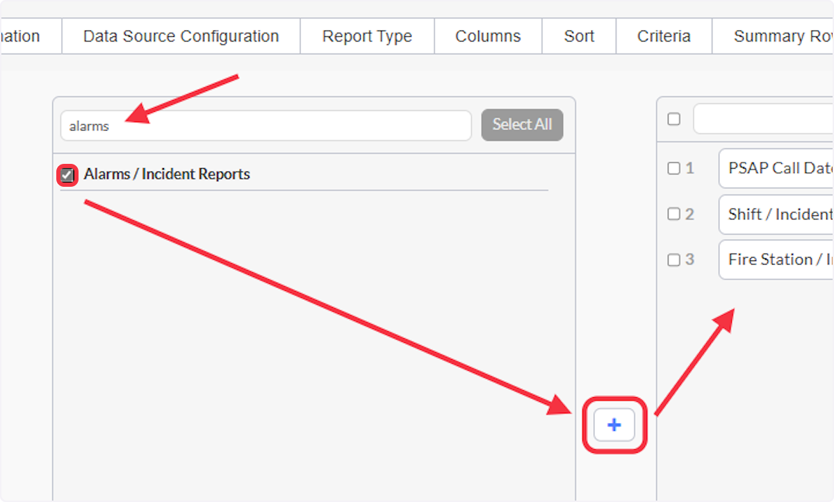 You can use the search bar at the top to filter for any specific fields. Then select the checkbox next to the field(s) you want. Click the plus icon to move them over.