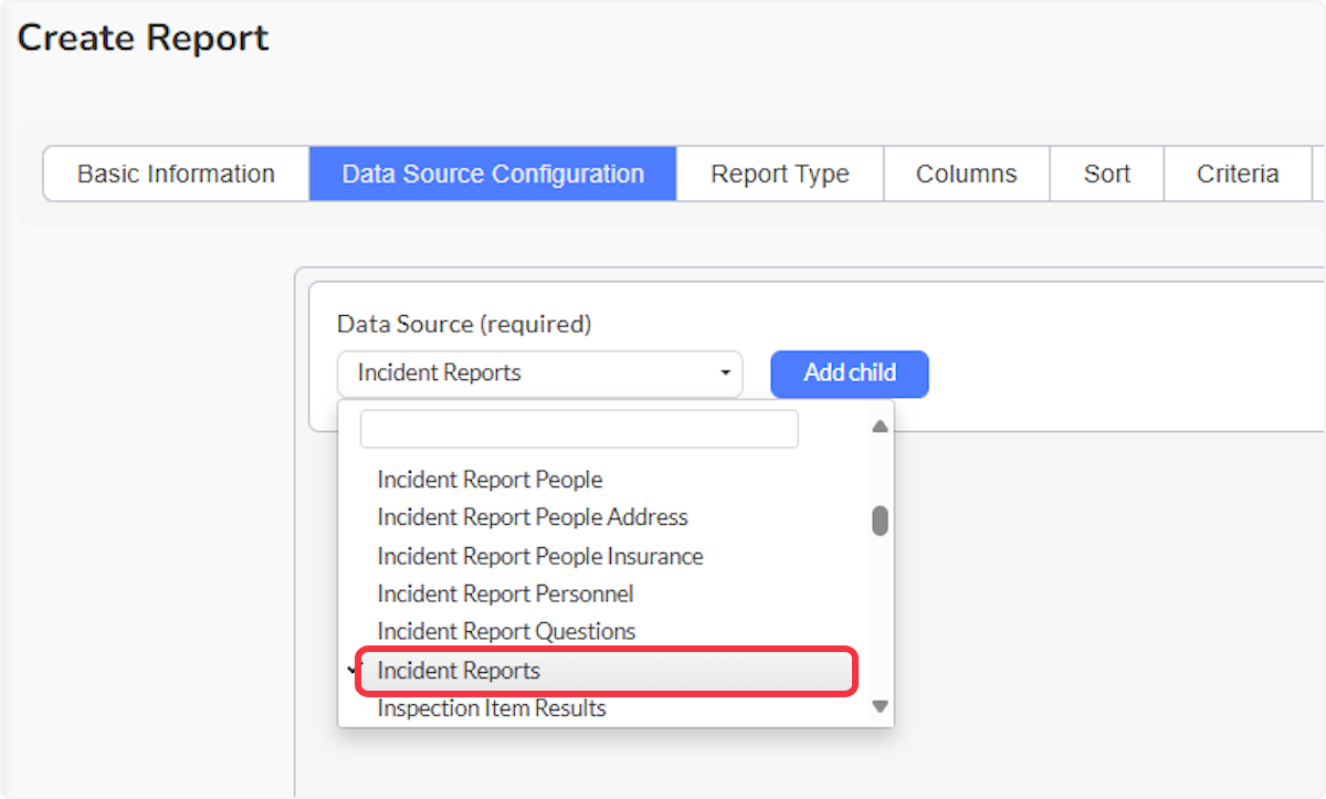 Select the main (parent) data source you want to pull information from. You will notice that you have very broad options from each module and very specific options for each module. Try to collect the broadest amount of data first and we can limit it down later using criteria.