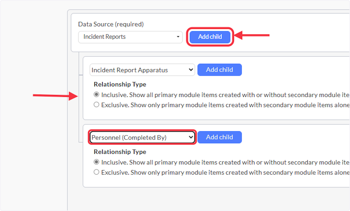 Continue adding child relationships to the parent data source by selecting Add Child next to the parent field. Notice the grey line connections this child to the original parent field. 