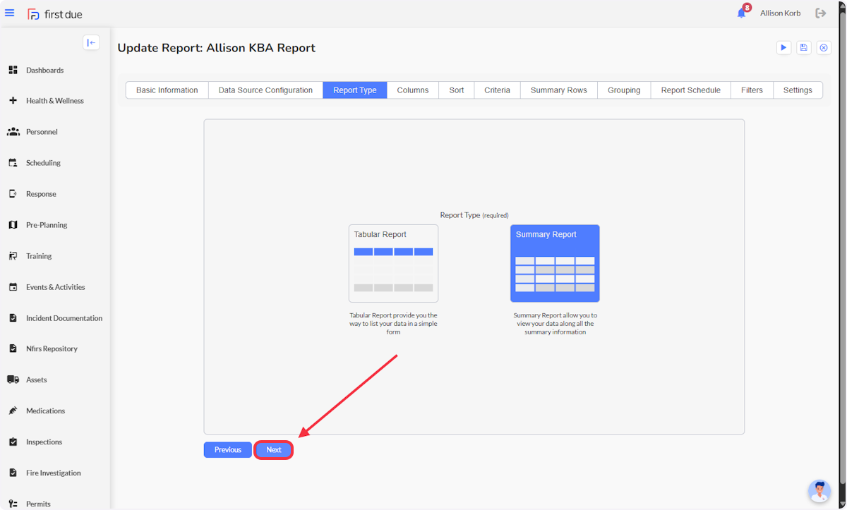 Click on Next to move to the next tab for creating a report. 