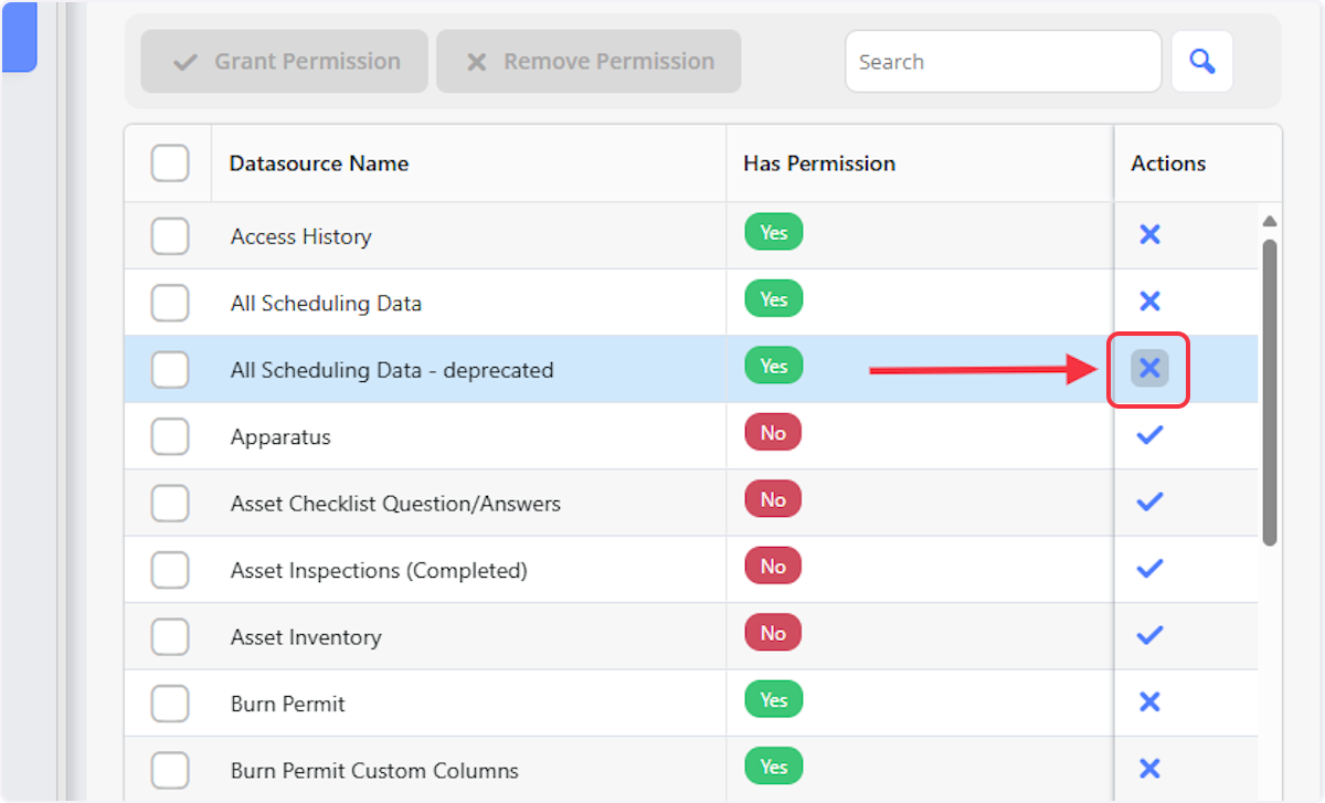 Click on the X next to the Datasource to remove the permission. The Green Yes will change to a Red No to indicate it is no longer shared.