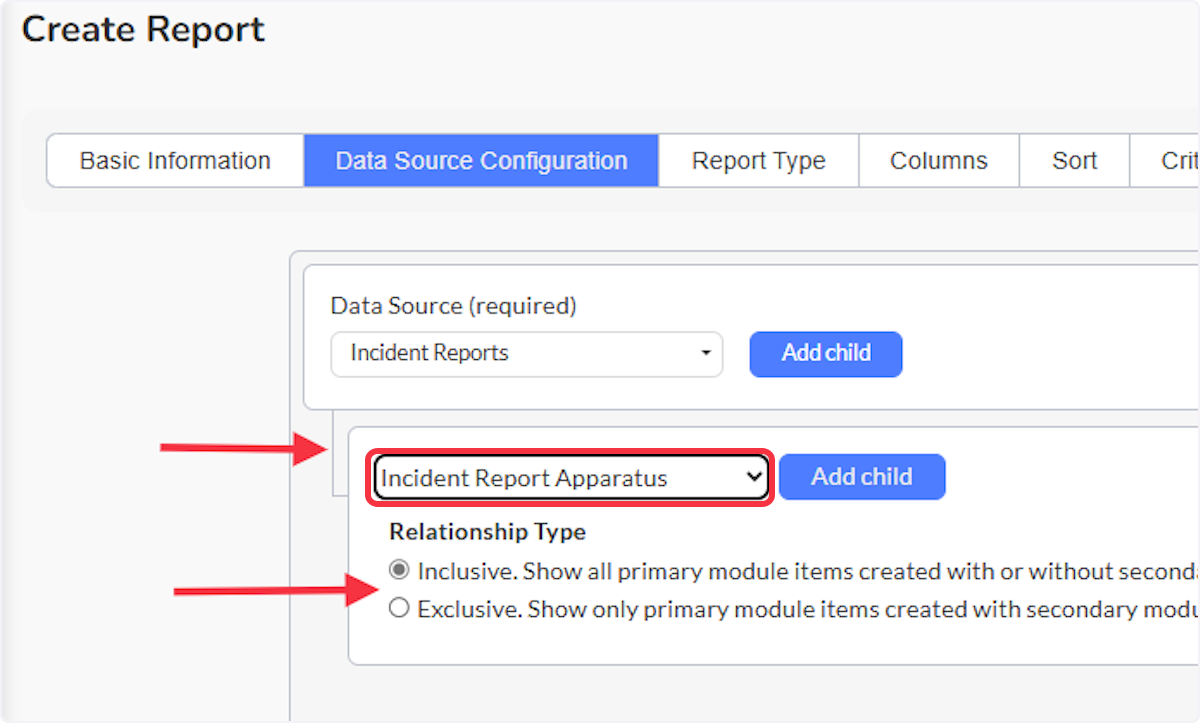You will add the first child relationship you want to use directly from the parent data source. Notice the grey line connecting the boxes. Then select Inclusive or Exclusive using the radial buttons.