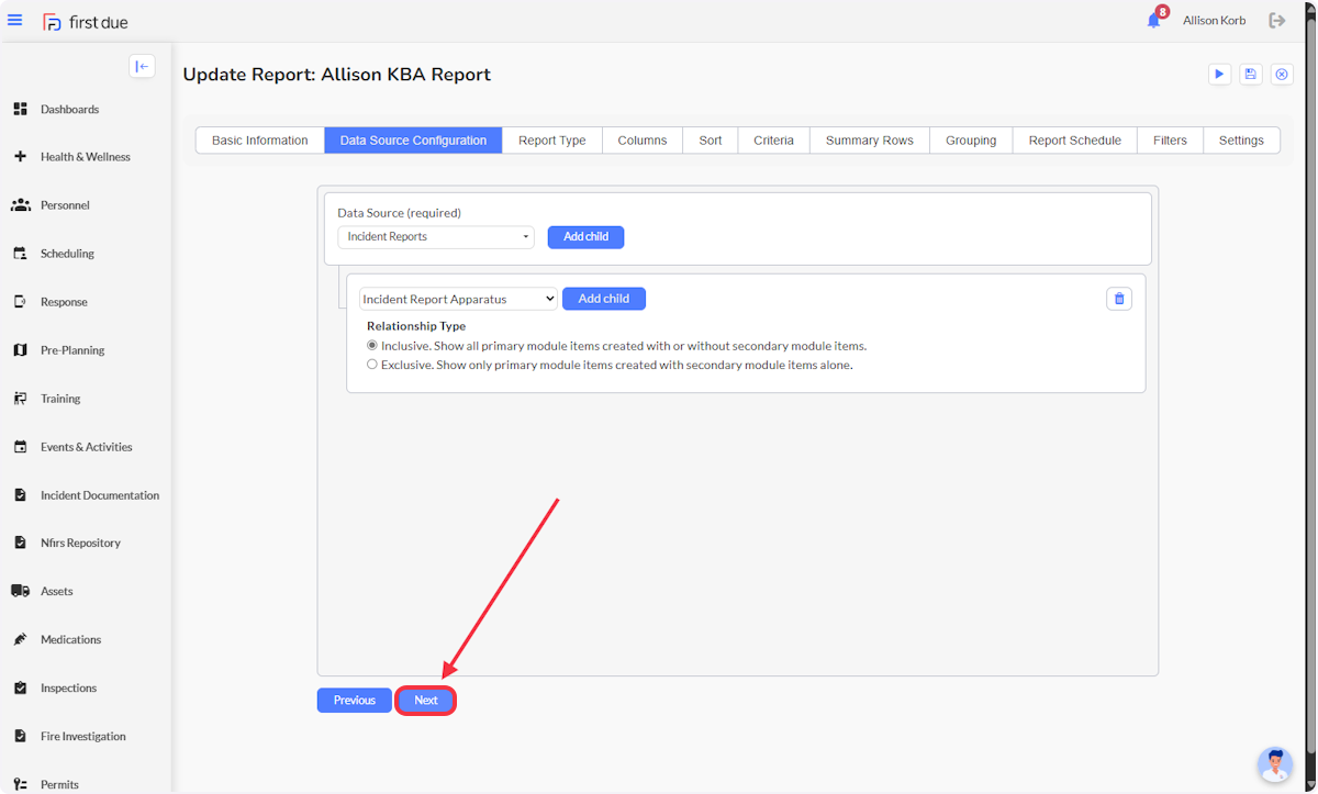After completing the Data Source Configuration selections, click next to go to the Report Type tab.