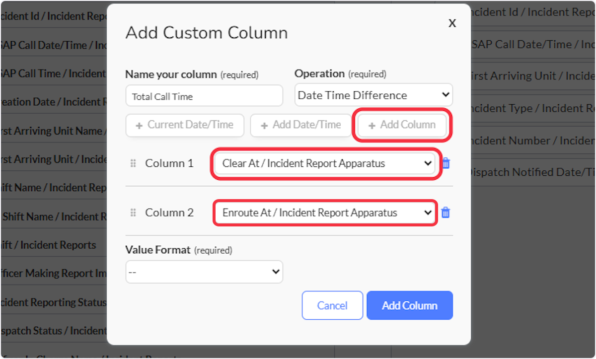 Clicking Add Column again allows you to add a second Data Source field to calculate between. You can only calculate between two values. 