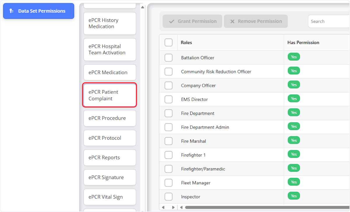 Navigate to the Data Source on the list that you want to give or restrict permissions to. Common uses cases are restricting employee information fields to only admin roles. Or restricting EMS patient data to only roles that have HIPAA training. 