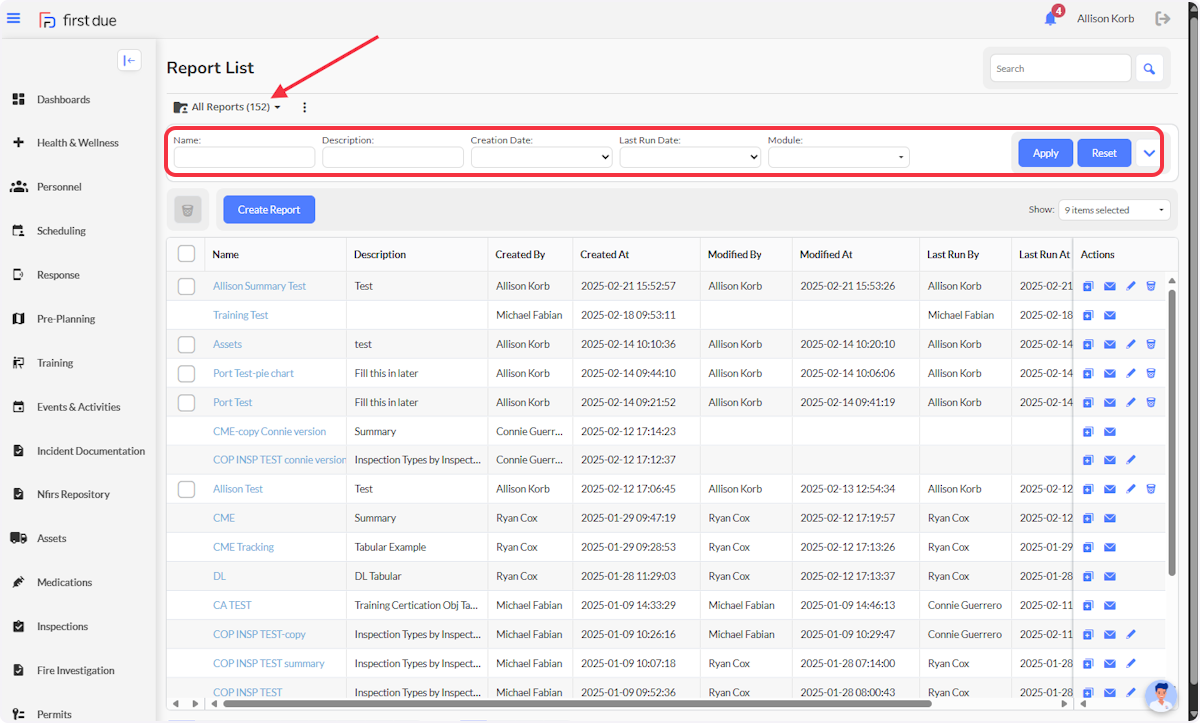 This view shows the All Reports folder selected. You can search within any view or folder using the filters provided to find a report. 