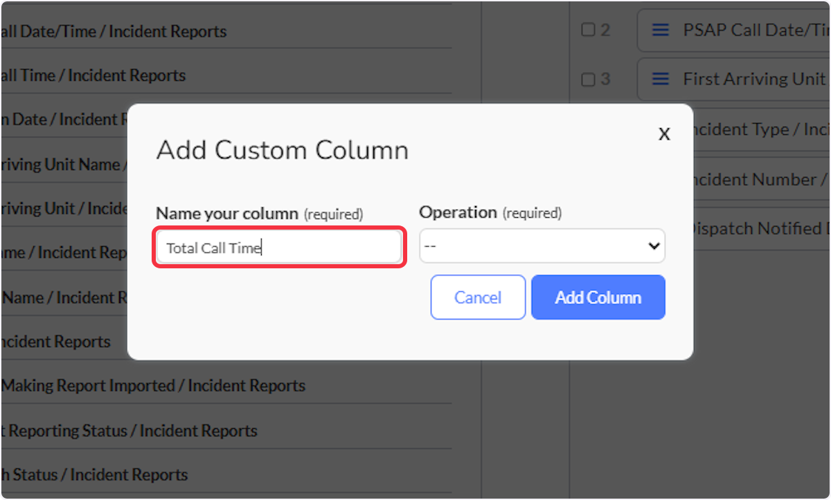 The Add Custom Column modal will pop up and you can name your column. 