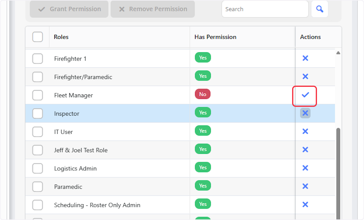 Click the checkmark to give access to a Role.
