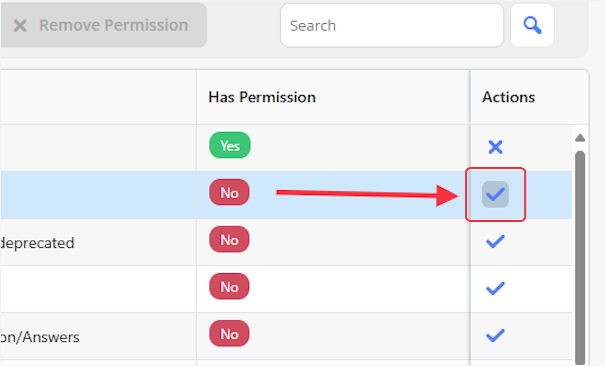 Clicking on the checkmark will reinstate the permission and the Red No will change to a Green Yes to indicate the change. 