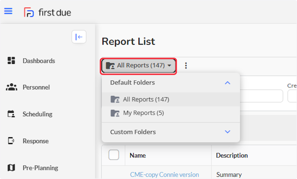 Click on the drop-down arrow next to All Reports to see your current list of Report Folders. 