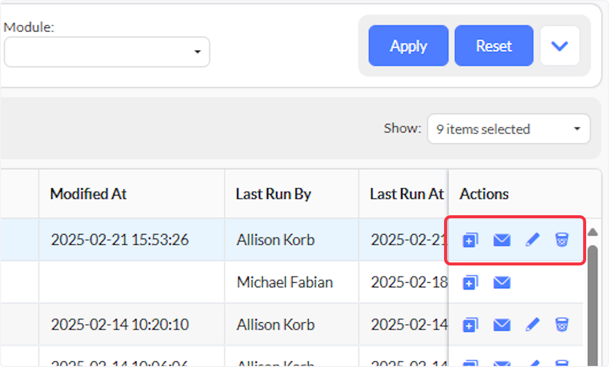 The Actions Column has functions to Clone, Email, Edit, and Delete a report.